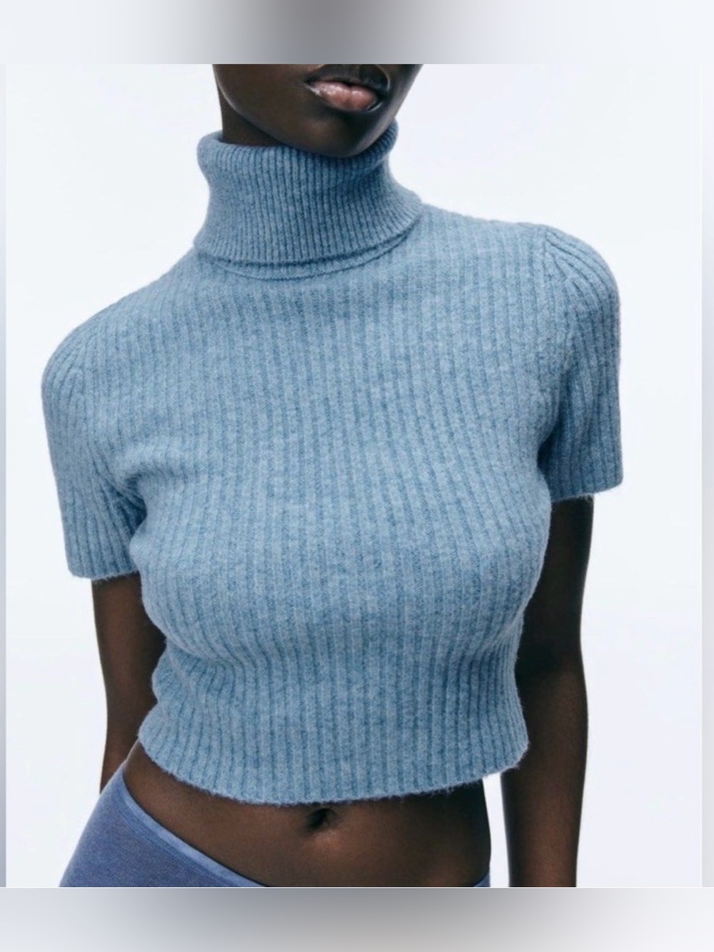 Zara Wool Blend Cornflower Blue Ribbed Short-Sleeve Turtleneck Cropped Sweater